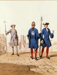 Parijse troepen uit de achttiende eeuw: Wachter en boogschutters van de stad in ceremonieel uniform, gegraveerd door D. Noirmont